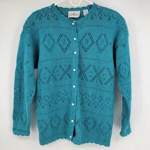 Vintage Teal Crochet Knit Cardigan Sweater Pearl Buttons Cozy Cottagecore Chunky